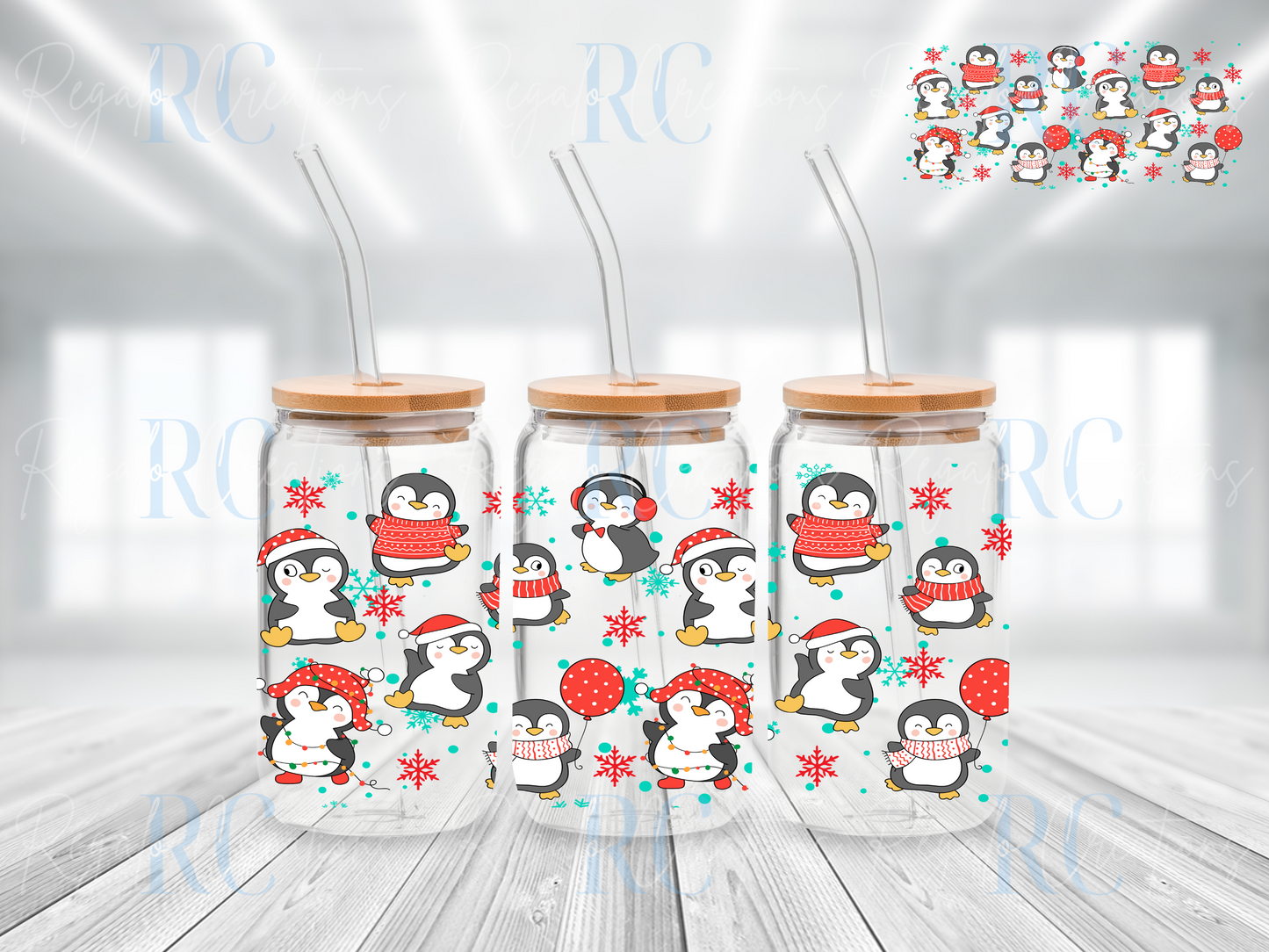Christmas Penguins 16oz Glass Can