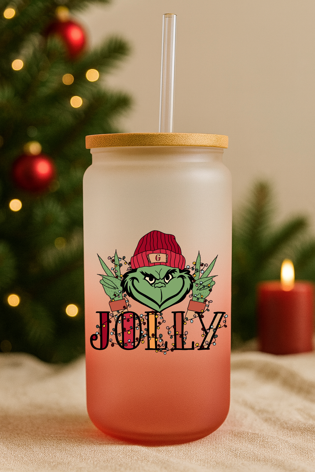 Jolly Grinch Red Frost 16oz Glass Can